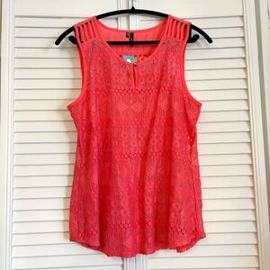 NWT Maurices Coral Pink Orange Lace Tank Top Sleeveless Size Large L
